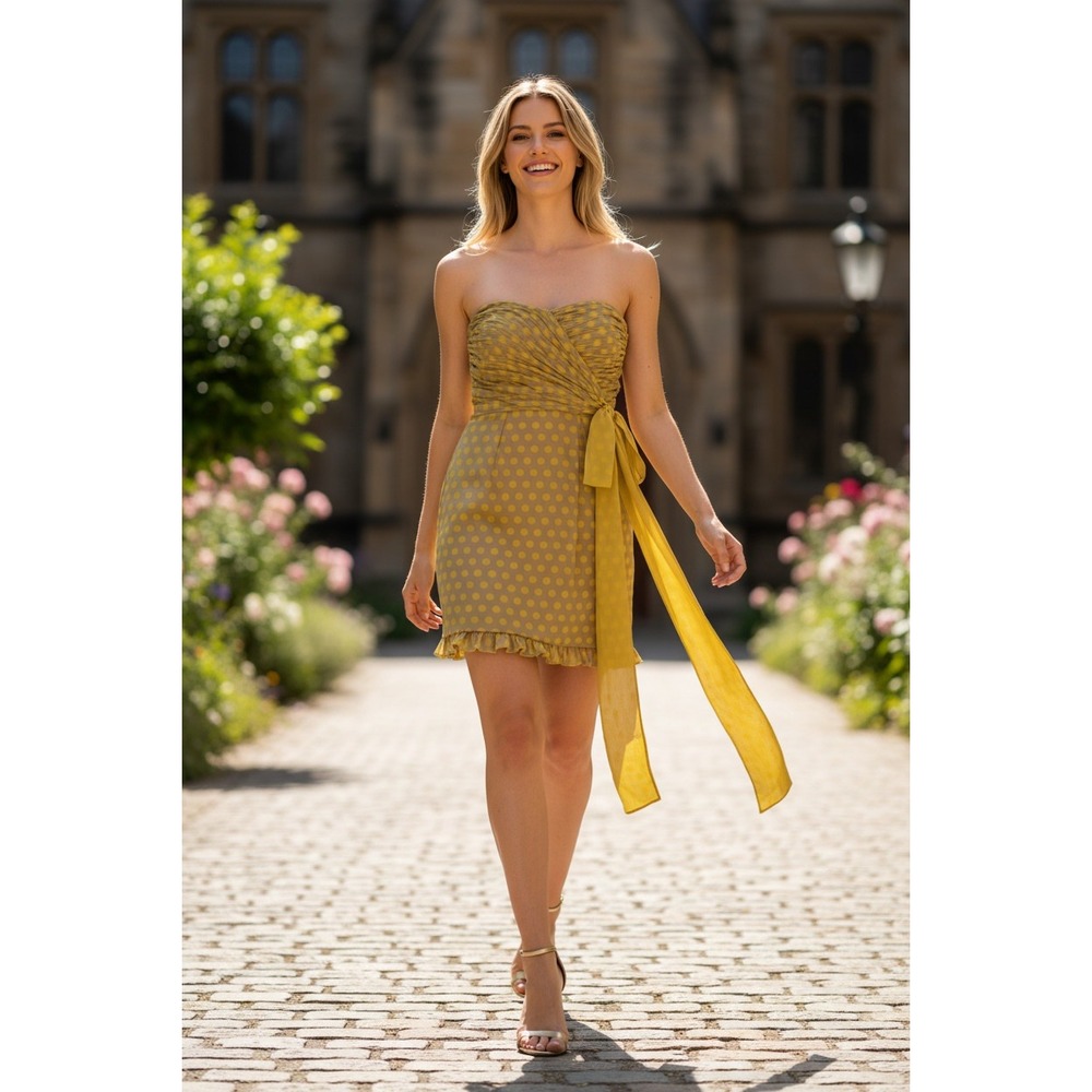Alice + Olivia Yellow‎ Polka Dot Silk Strapless Mini Dress Ruched Ruffle 2 $440